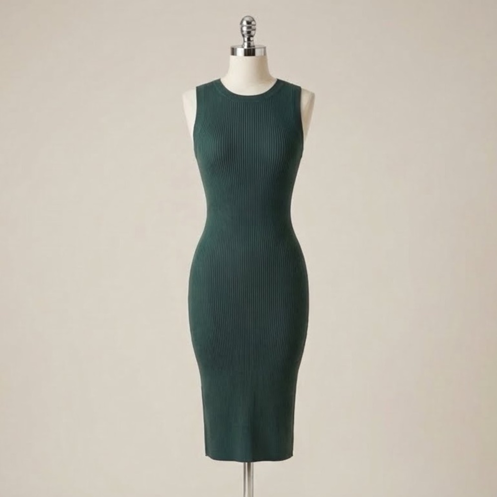 Dark Green Stretchy Ribbed Midi Bodycon Dress Minimalist Quiet Luxury Classy
